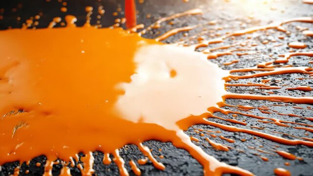 Orange liquid splatters on textured dark surface