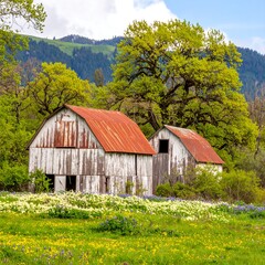 Obraz premium Rustic barns nestled in a vibrant meadow