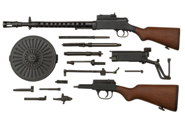 Flat Lay of Disassembled DP-28 Machine Gun Parts on White Background