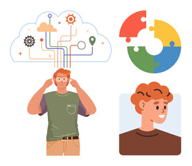 Man revealing thoughts with interconnected lines, gears, and symbols above. Circular puzzle and smiling face emphasize creativity, collaboration, personality, and analytical thinking. Ideal