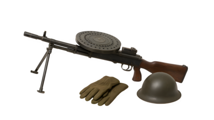 DP-28 Machine Gun with Soldier’s Gloves and Helmet on White Background