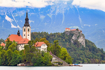 Lake Bled with Bled Castle and Pilgrimage Church of the Assumption of Maria,landscape, Slovenia