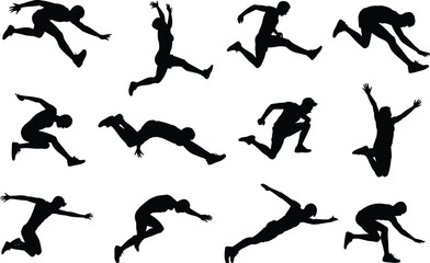 Dynamic athlete silhouettes in mid-air action, sprinting, jumping, stretching, powerful body movement, fitness motion, training energy, sport exercise, agility, silhouette pose