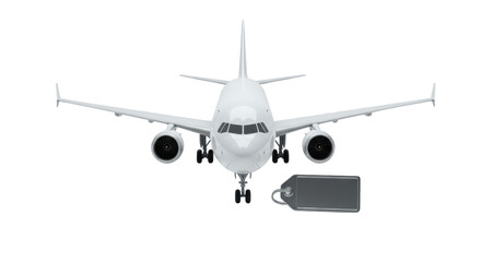 A modern, wide-body white passenger jet airplane with twin engines and winglets, next to a polished chrome travel tag on a seamless transparent studio background, concept of luxury travel