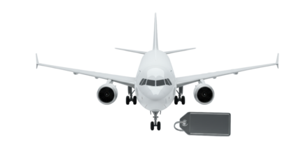 A modern, wide-body white passenger jet airplane with twin engines and winglets, next to a polished chrome travel tag on a seamless transparent studio background, concept of luxury travel
