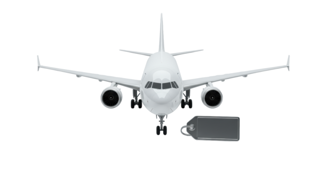 A modern, wide-body white passenger jet airplane with twin engines and winglets, next to a polished chrome travel tag on a seamless transparent studio background, concept of luxury travel