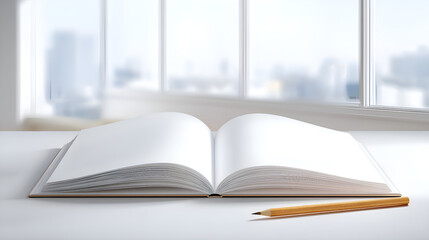 Fototapeta premium Open notebook with blank pages and pencil on table by window
