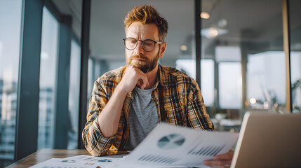 Pensive businessman analyzing financial reports in modern office