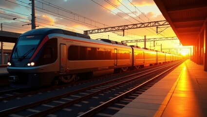 Modern high speed train arriving at a station during a vibrant sunset