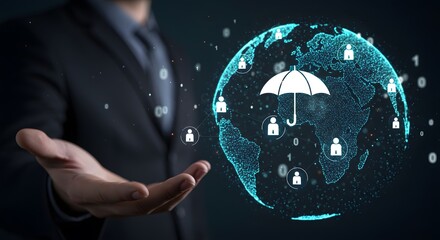 Businessman Holding Digital Globe with Security Icons and Umbrella in Futuristic Technology Scene