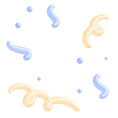 doodle confetti, Abstract 3D illustration of glossy pastel blue and cream swirls and dots floating on a clean white background. Modern, gentle and decorative graphic element
