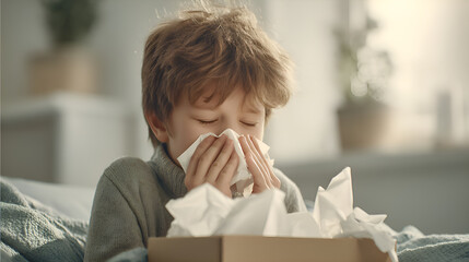 Sick child blowing nose in tissue at home