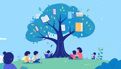 People reading books under tree whimsical style learning and education in nature knowledge concept high quality professional