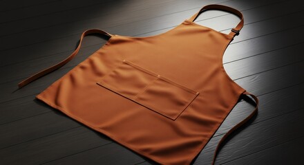 Plain Orange Apron with Pocket on Wooden Surface Ready for Branding or Culinary Use