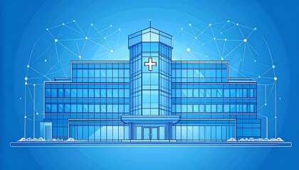 Hospital building stands tall against a connected network in a modern, technological representation of healthcare and innovation.