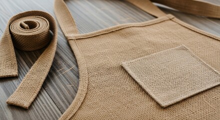 Rustic Burlap Apron with Pocket on Wooden Table for Crafting and Cooking Projects