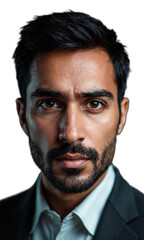 Obraz premium A South Asian businessman with a composed demeanor, his eyes reflecting a deep sense of focus and clarity, representing