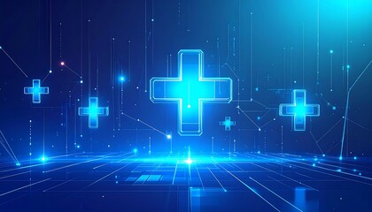 Glowing plus signs float in a digital space representing health technology and innovation with a futuristic and hopeful mood.