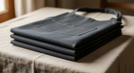 Stack of Dark Grey Aprons on Linen Tablecloth Professional Chef or Craftsperson Tool