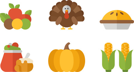 Collection of thanksgiving holiday food and symbols including a turkey pumpkin pie corn and vegetables in a flat design silhouette
