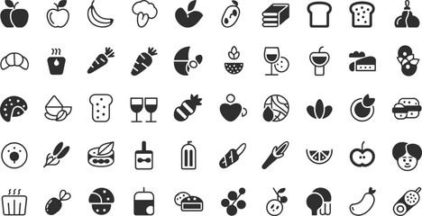 Food icons set, fruits, vegetables, bread, beverages, wine glasses, snacks, desserts, kitchen items, healthy eating, culinary symbols, organic food, cooking ingredients, fresh produce