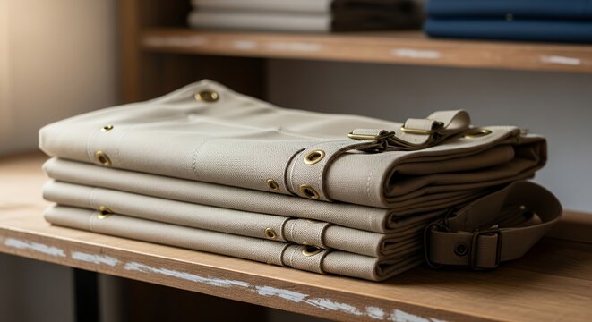 Stacked Beige Leather Journal with Brass Rivets and Straps on Wooden Shelf