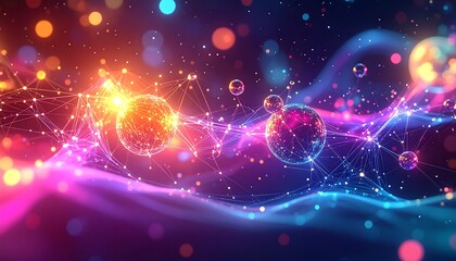 Glowing network of interconnected nodes transmitting data across a vibrant, colorful digital landscape, symbolizing connectivity and technological advancement.
