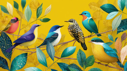 Naklejka premium Colorful illustration of various birds perched on branches with vibrant leaves against a bright yellow background