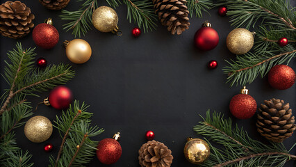Christmas frame with fir branches, red and gold baubles and pinecones on dark background perfect for holiday greeting cards, seasonal banners and festive marketing visuals