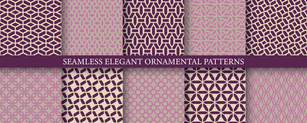 Collection of vintage seamless geometric color patterns - elegant design. Ornamental repeatable luxury classic backgrounds. Grid strict textures - unusual prints
