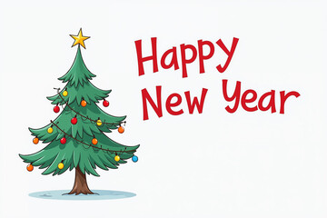 Fototapeta premium A green Christmas tree adorned with colorful ornaments and a star, on a white background with Happy New Year text.