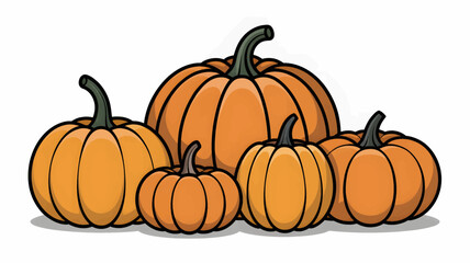 A group of five orange pumpkins of varying sizes arranged together in a natural setting silhouette