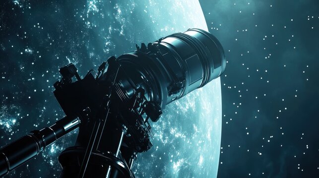 Detailed telescope against a cyan and black space backdrop, observing distant planets