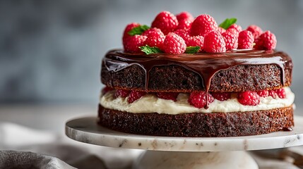 Close-up of a layered chocolate cake topped with glossy ganache, fresh raspberries, and mint leaves, symbolizing indulgence, elegance, and celebration for National Cake Day. Image created by AI.