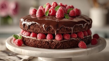 Close-up of a layered chocolate cake topped with glossy ganache, fresh raspberries, and mint leaves, symbolizing indulgence, elegance, and celebration for National Cake Day. Image created by AI.