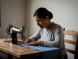 Patient woman carefully guides fabric beneath sewing machine, tied-back hair neat, chair standing behind, plain wall enclosing humble hardworking setting