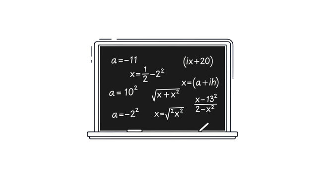 Blackboard with Mathematical Equations and Formulas in White Chalk.