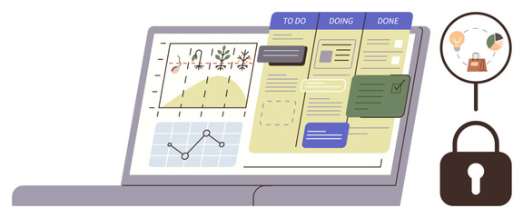 Laptop screen displaying task management board, analytics with graphs, and security icons. Ideal for productivity, analytics, workflow, planning, security, project management simple flat metaphor