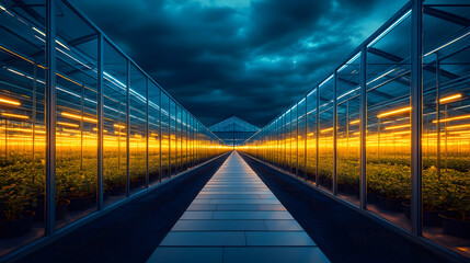 Illuminated industrial greenhouse complex at night with modern architecture design