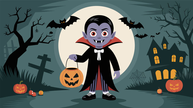 Spooky halloween night with a cute vampire character holding a jack o lantern bucket surrounded by bats and haunted house silhouette