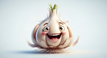 Cartoon Happy Garlic Character Smiling Cheerfully with Big Eyes and Open Mouth in Studio Style