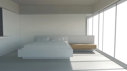 Fototapeta premium Modern minimalist bedroom design with large windows and natural light flooding the space