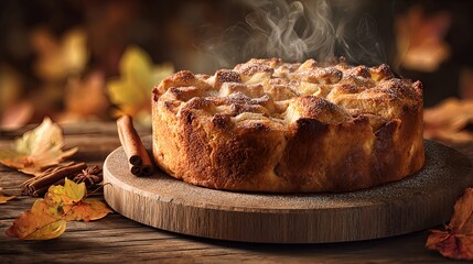 Homemade rustic apple and pear cake dusted with powdered sugar, surrounded by cinnamon sticks and autumn decor, symbolizing warmth, tradition, and celebration for National Cake Day. Image created by A
