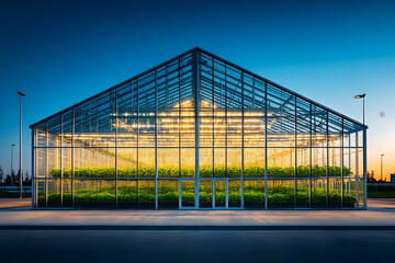 Modern agricultural greenhouse facility at night with illuminated interior
