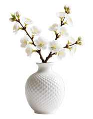White Cherry Blossom Branch in Bloom, Textured Vase with Transparent Background, 3D Realism Asset