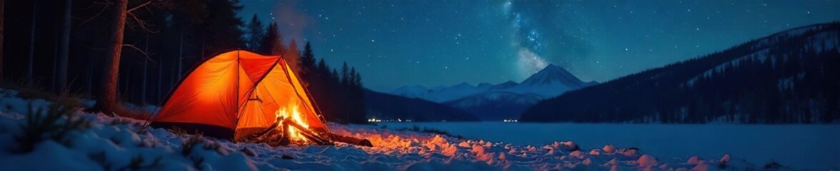 Cozy campfire scene at night, glowing embers illuminating a warm tent under a starlit sky Perfect for camping, outdoor, winter, and nature themes , camping, cozy