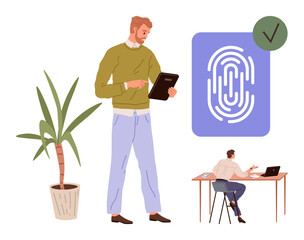 Businessman using tablet near fingerprint verification icon and potted plant. Colleague working at desk discussing ideas. Ideal for security, technology, biometrics, workplace, authentication