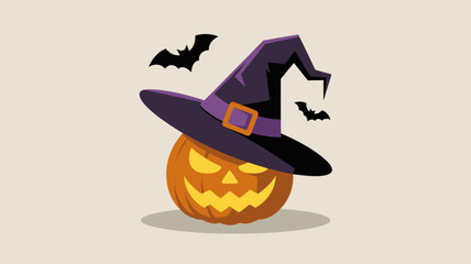 Spooky halloween jack o lantern pumpkin with a witch hat and flying bats silhouette
