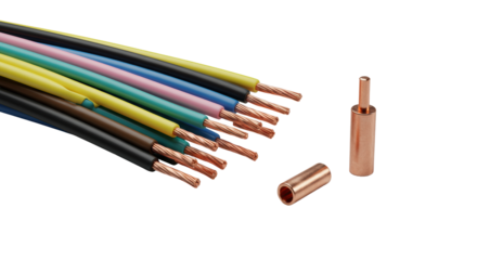 Multi-colored electrical wires with stripped copper ends and polished copper ferrule, fanned on a transparent studio background with bright, even lighting, concept of industrial precision
