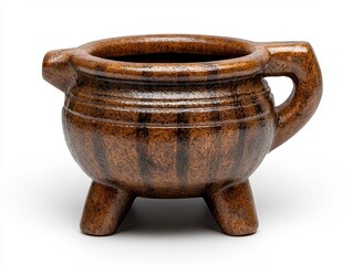 Brown Speckled Ceramic Pot with Handle and Three Legs, Generative AI